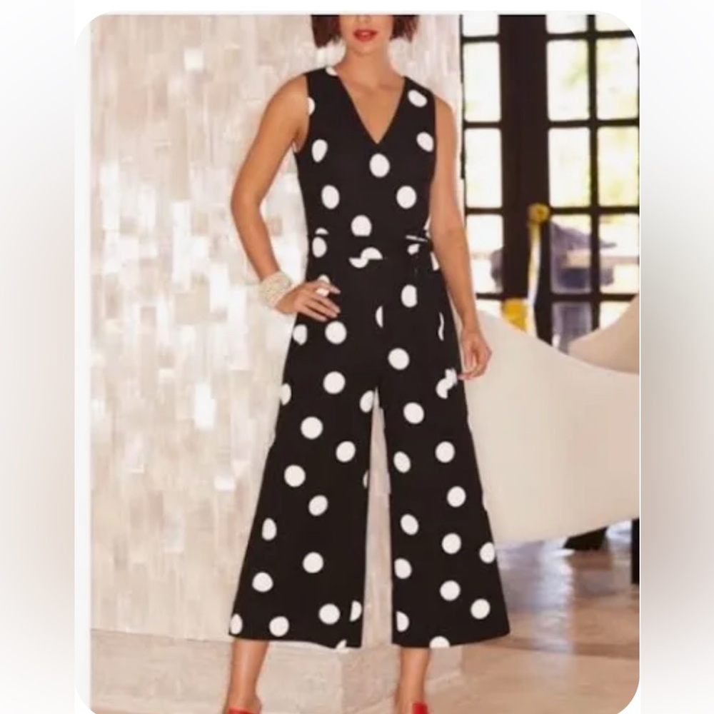 KARL LAGERFELD Paris Sleeveless Polka Dot Crop Pant Jumpsuit, Size 8 - Picture 2 of 10